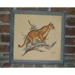 1980s Preworked Cross Stitch Mountain Lion Framed